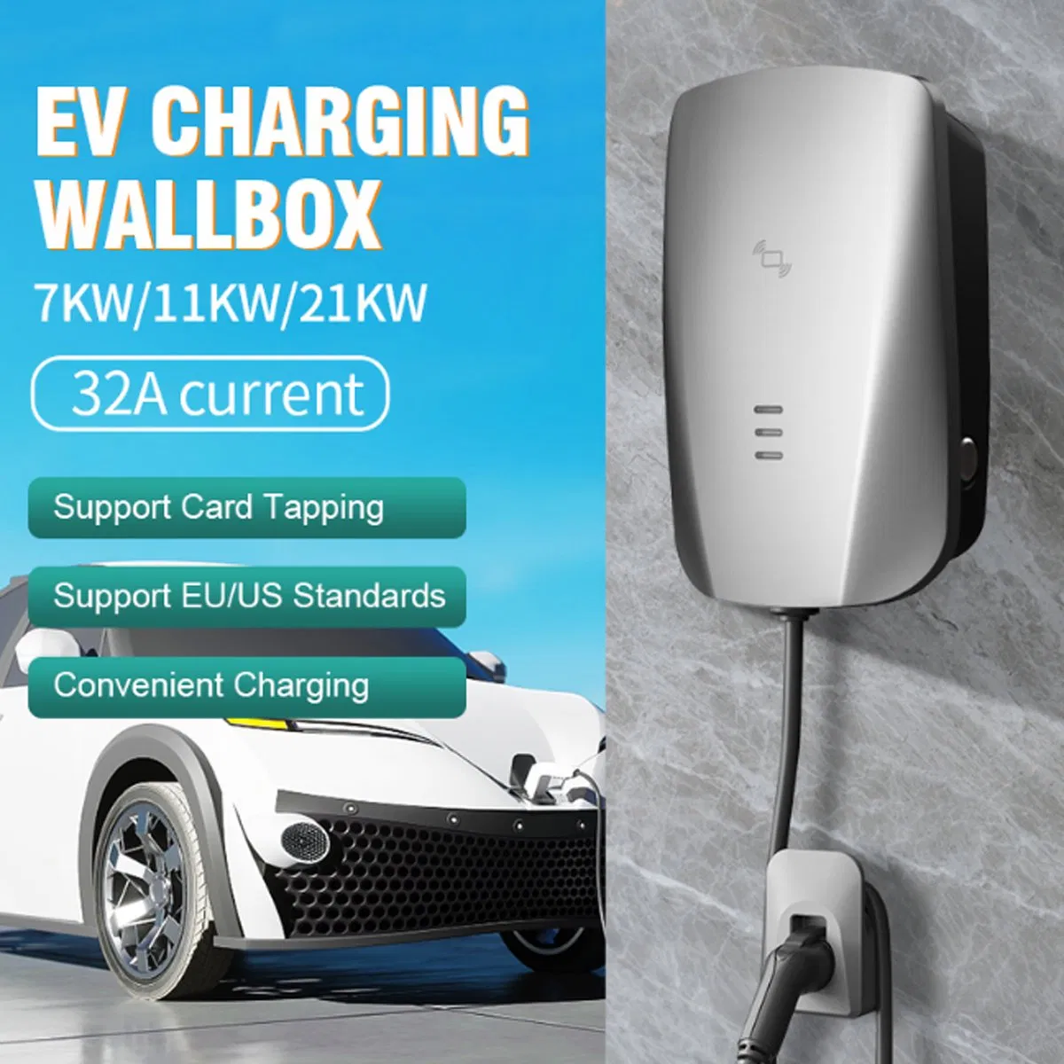 Factory Price 7kw Level 2 IEC62955 Leakage Protection Mode 3 AC Electric Car EV Charging Station Wallbox 7kw Type 2 Type 1 SAE J1772 Plug