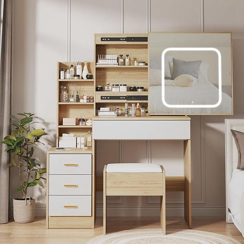 Vanity Desk with Mirror and LED Lights, Makeup Vanity Desk with Sliding Lighted Mirror, Power Outlet, Dressing Table with 4 Drawers, Storage Shelves Furniture