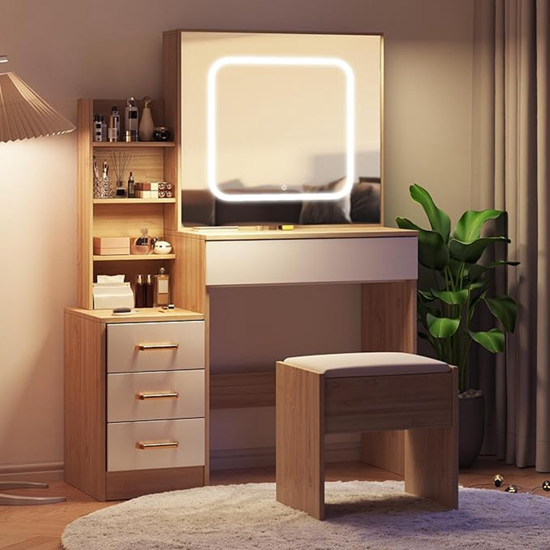 Vanity Desk with Mirror and LED Lights, Makeup Vanity Desk with Sliding Lighted Mirror, Power Outlet, Dressing Table with 4 Drawers, Storage Shelves Furniture
