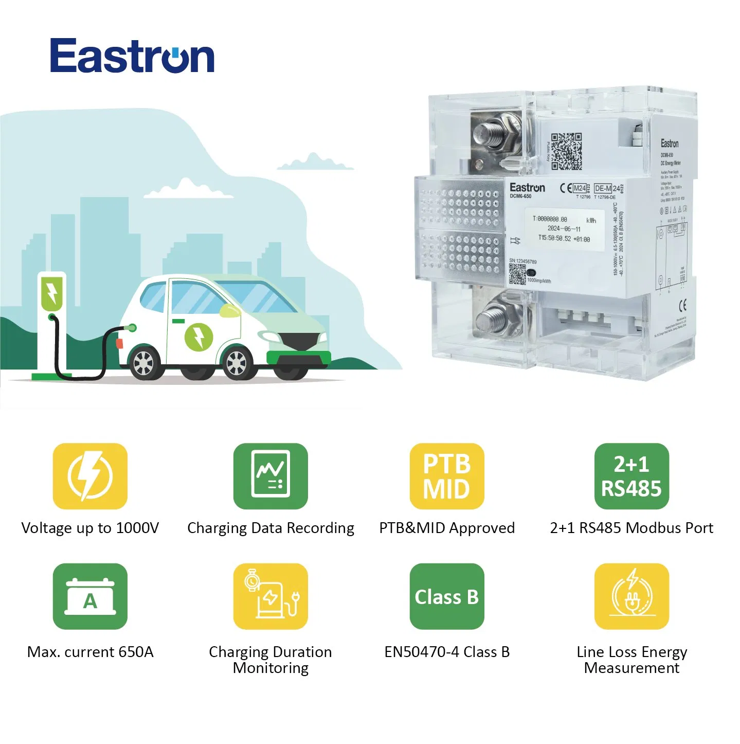 Eastron Dcm6 Series MID Approved RS485 Modbus RTU EV Charging Metering DIN Rail Mounted Smart DC Energy Meter