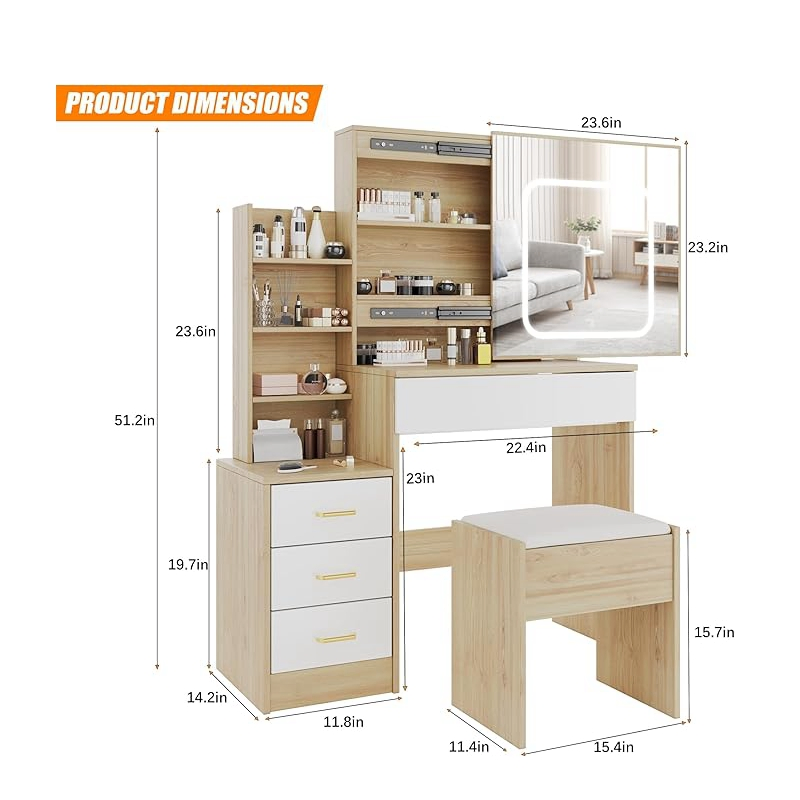 Vanity Desk with Mirror and LED Lights, Makeup Vanity Desk with Sliding Lighted Mirror, Power Outlet, Dressing Table with 4 Drawers, Storage Shelves Furniture