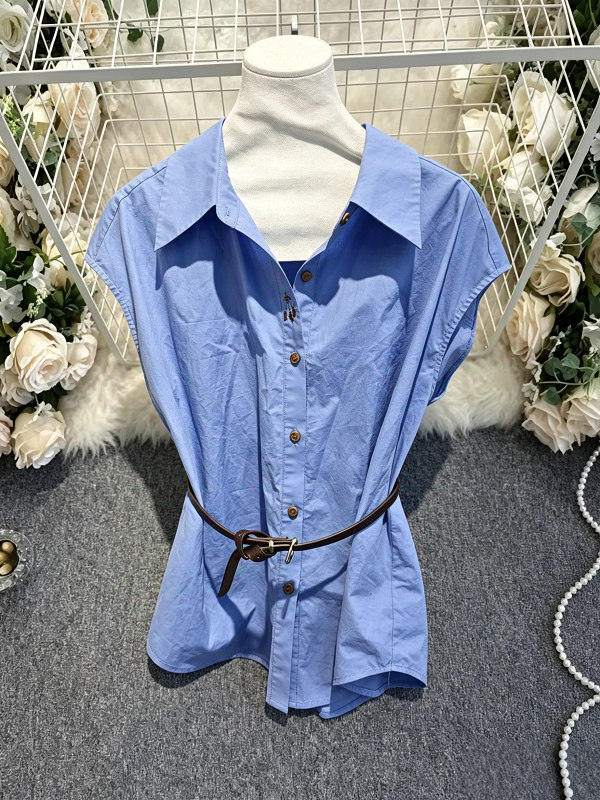 2026 Summer New Arrival Casual Women's Blue Blouse with Button Shirt Collar Short Sleeve Cherry Embroidery and Belt