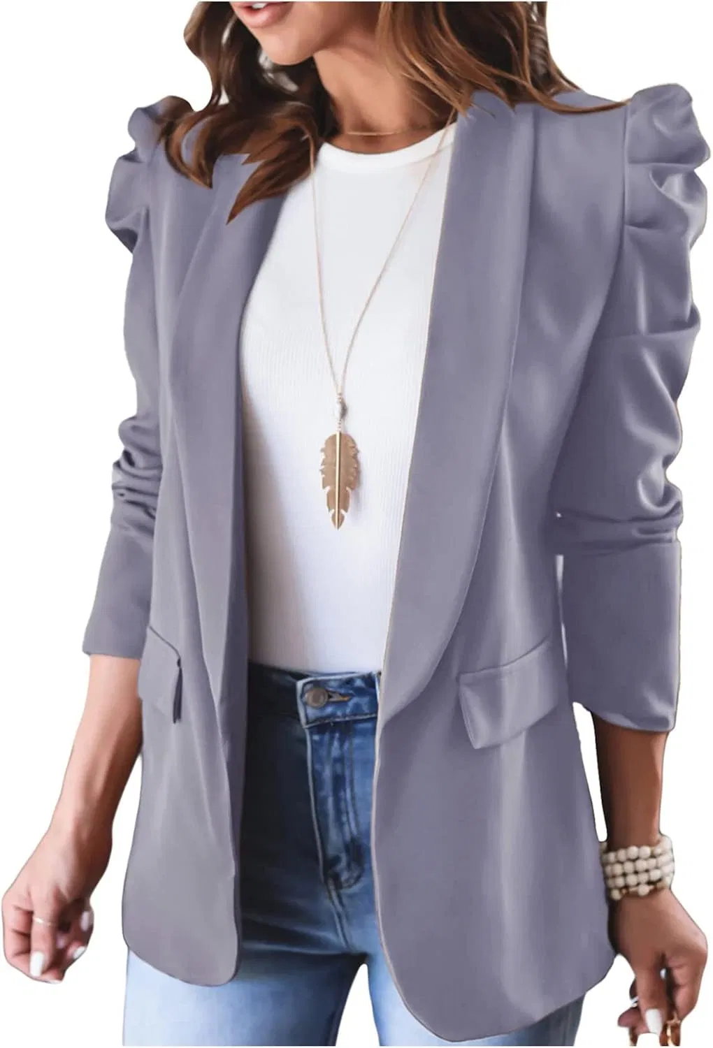 Women's Puff Sleeve Blazer Spring Fall Business Casual Open Front
