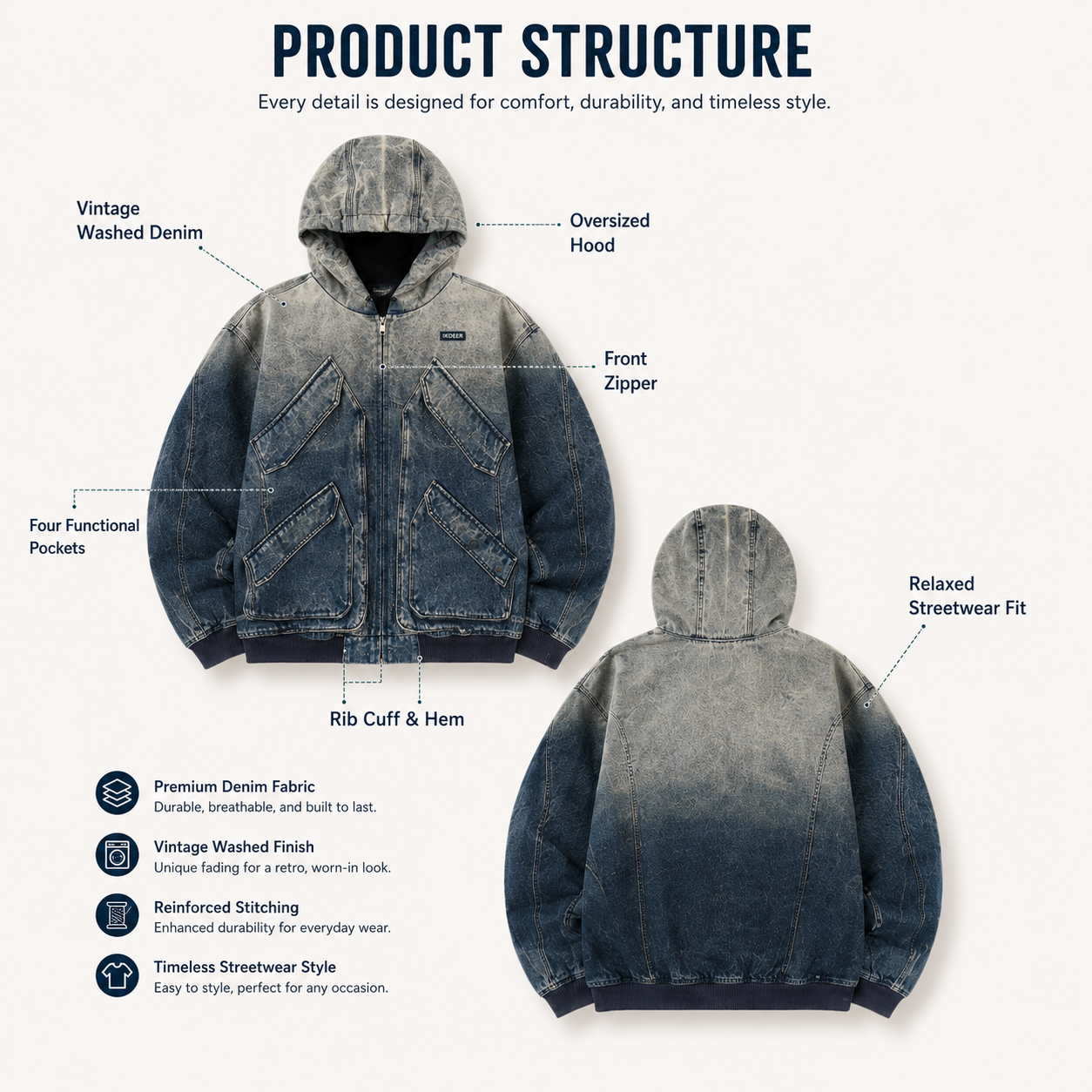 IKDEER Manufacturer Custom Winter Baggy Zip Up Vintage Distressed Acid Washed Heavyweight Cropped Jeans Denim Jacket For Men