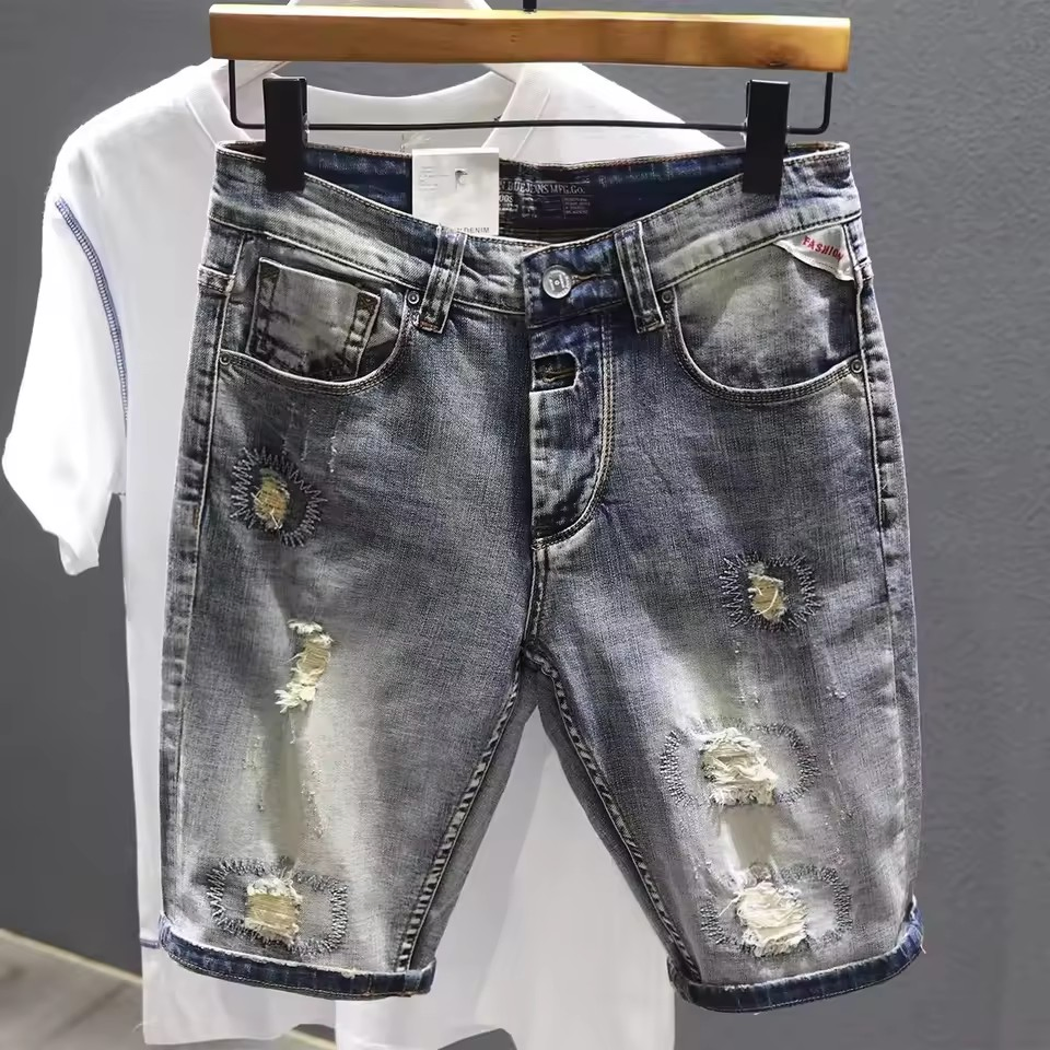 Colorful Denim Shorts with Distressed Style and Button Pockets