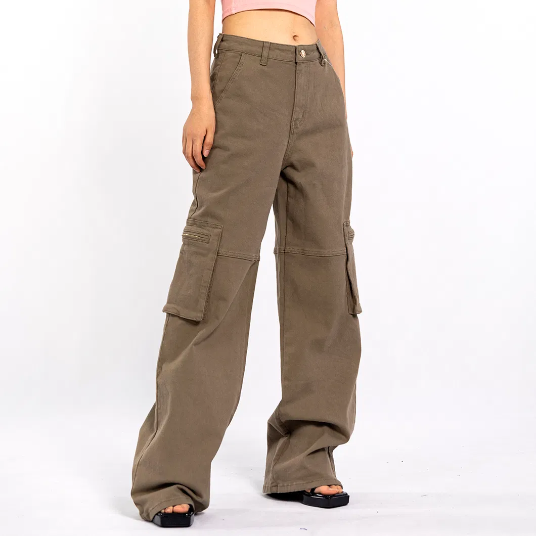 Custom Vintage Aged Large Pockets Loose Long Straight Cargo Pants Women