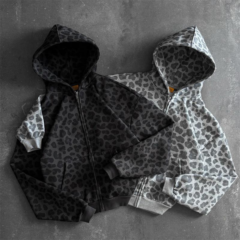 2026 Streetwear Oversized Hoodie 800gsm Leopard Print Cropped Graphic Zip up Hoodie