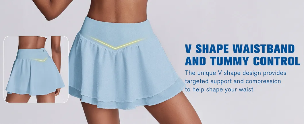 Womens Pleated Tennis Skirt Double Ruffle Golf Skort Tummy Control Athletic Skirts with 3 Pockets Workout Pickleball