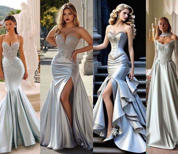 Beaded Wedding Formal Gowns Spandex Silver Evening Dress M71303
