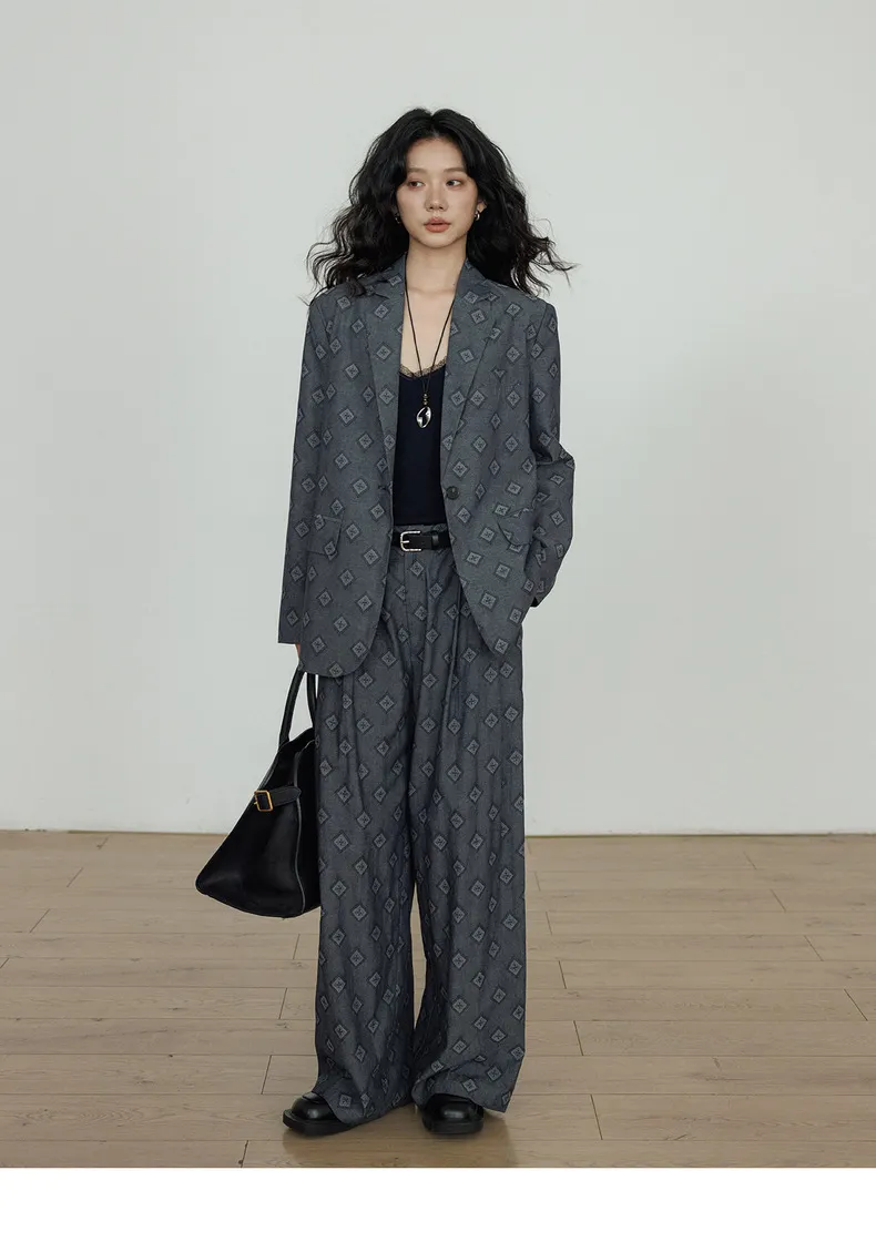 Women Suits Set Blazer Jacket Paired with Loose Long Pants Detail 1