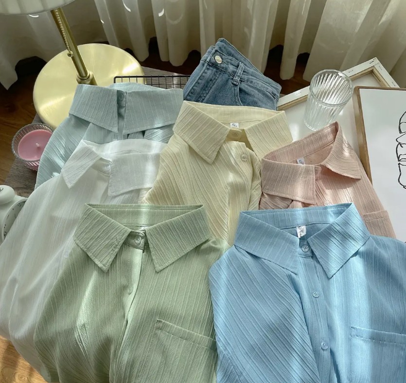 Women Summer Spring Autumn Solid Color Shirts Lapel Button New Fashion Simple Long Sleeve Raglan Sleeve Blouse Tops Regular