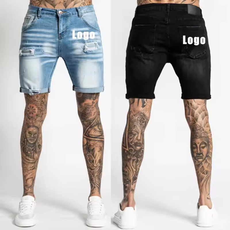 Custom Cotton Summer Skinny Damage Stretch Waistband Hole Straight-Leg Men Denim Shorts