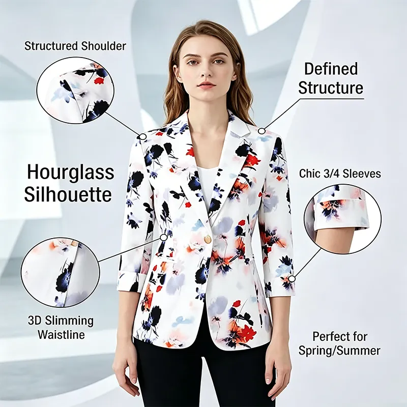 Women Light Purple Ink Print 3/4 Sleeve One Button Slim Fit Casual Blazer Suit Jacket