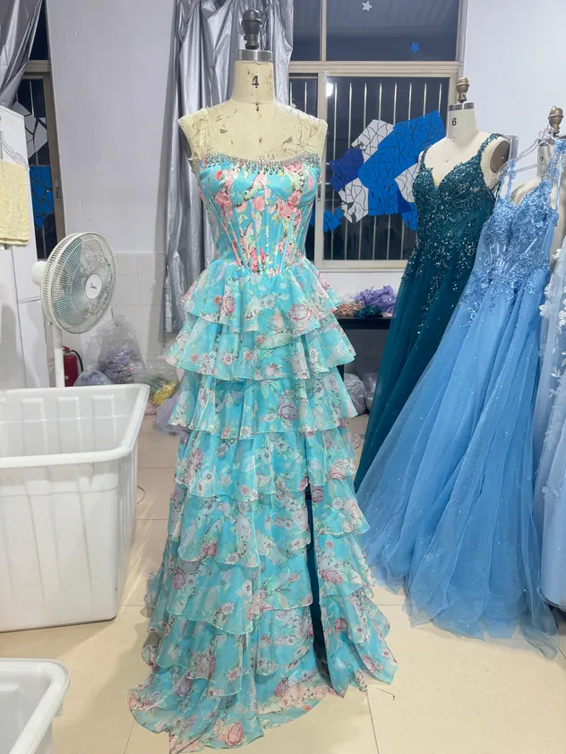 Yellow - Strapless A Line Floral Chiffon Ruffled Prom Dresses with Beading Evening Dress Prom Dress Sexy Dress Vestido De Noche Girl Dress Layered Dress