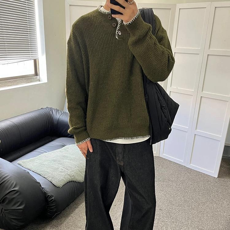 Custom Men's Casual Warm Knitted Wool Blend Pullover Sweaters Loose Button Henley Collar Long Sleeve Sweaters