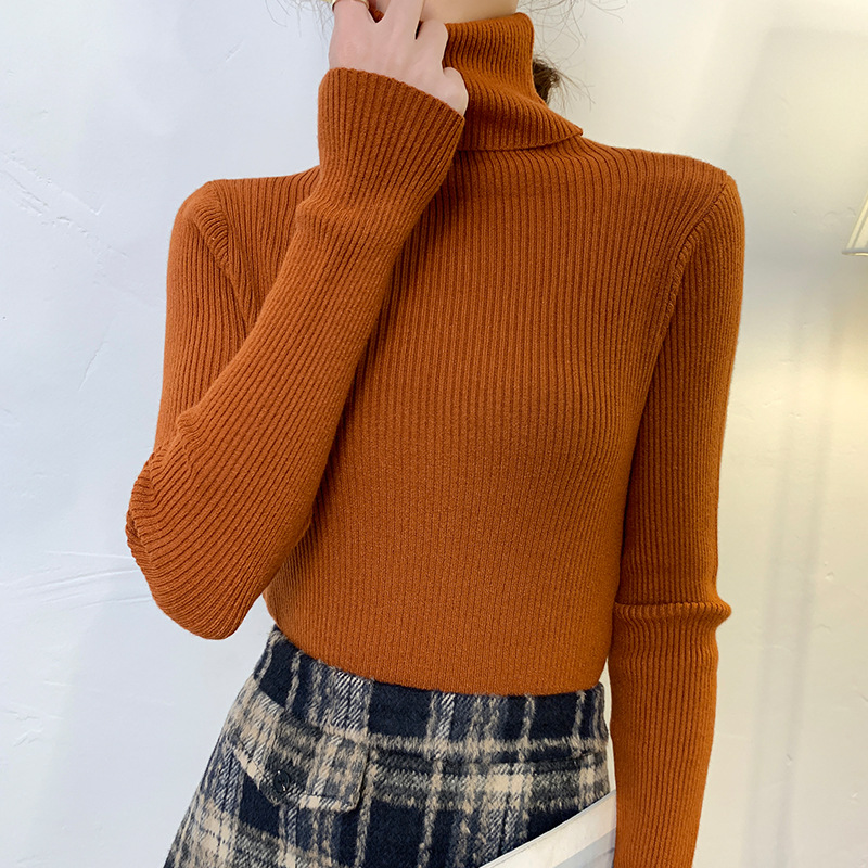 PASUXI Women Autumn Long Sleeve Slim Sweater Top Elastic Pullover Primer Shirt Solid Causal Turtleneck Knitted Women Sweater
