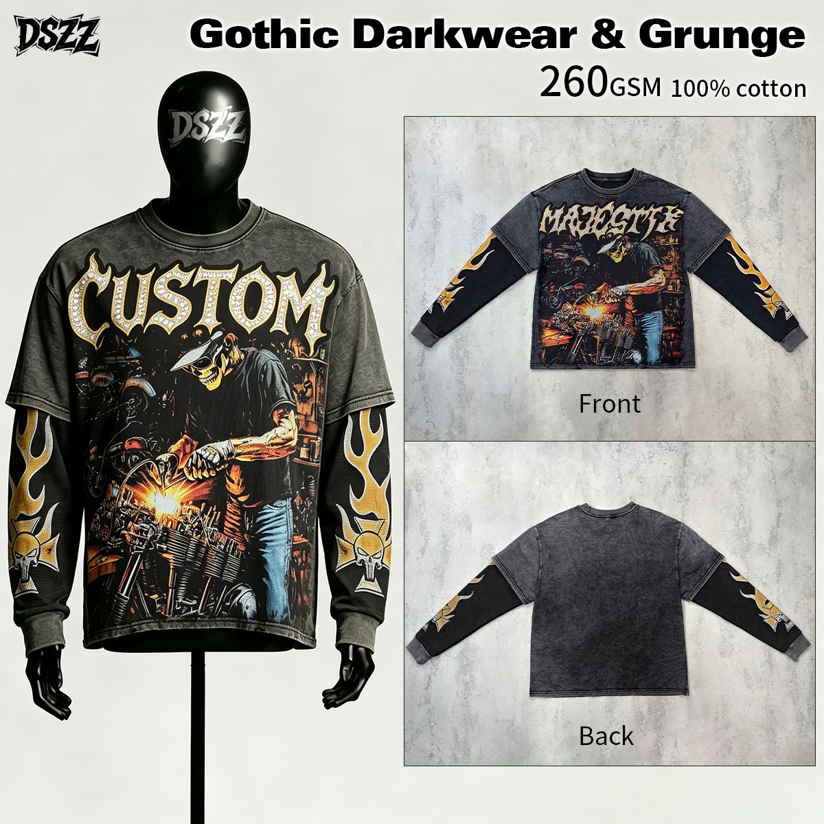 OEM ODM Unisex Loose Vintage Biker Long Sleeve T-Shirt 3D Mock Layer Skull Flame Graphic Tee Gothic Grunge Streetwear Rhinestone