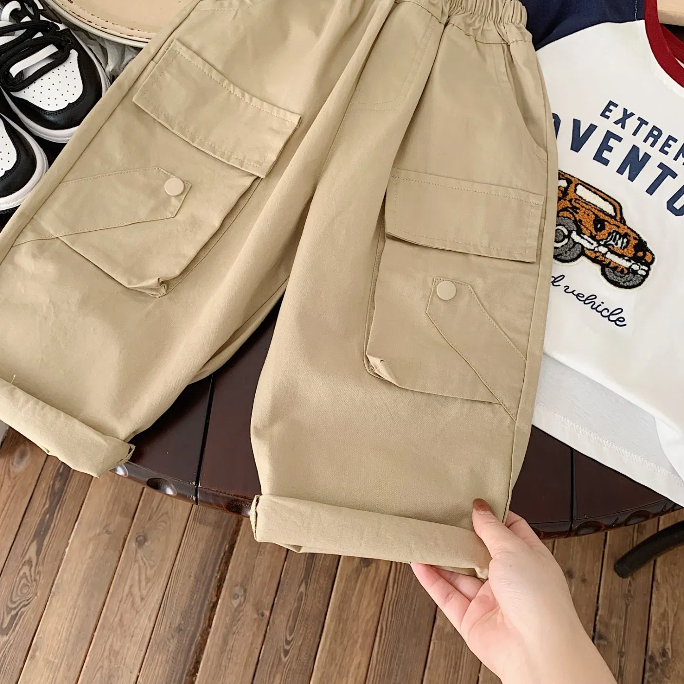 Kids Cotton Cargo Pants Elastic Waist Rolled Hem (Beige/Khaki)