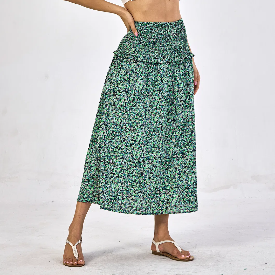 Wholesale European Style Pleated High Waist Casual Fashion Pattern Printing Women Long Skirt