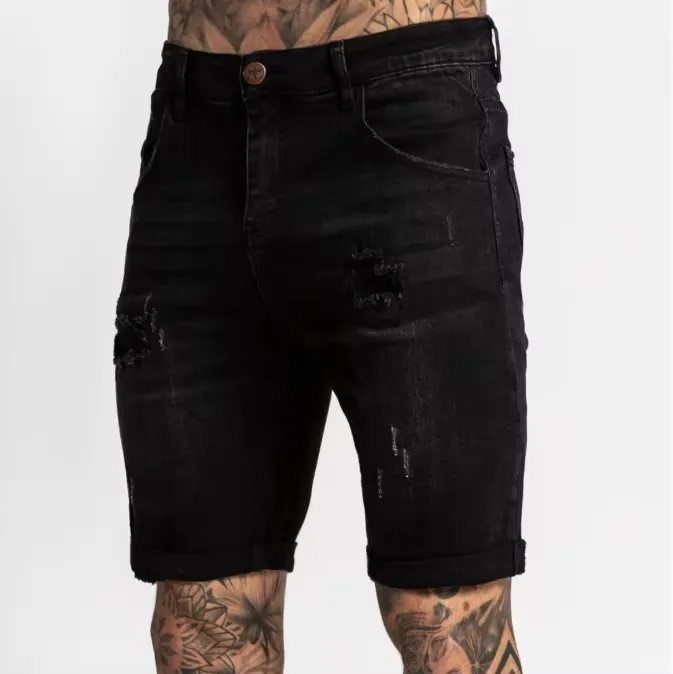 Custom Cotton Summer Skinny Damage Stretch Waistband Hole Straight-Leg Men Denim Shorts