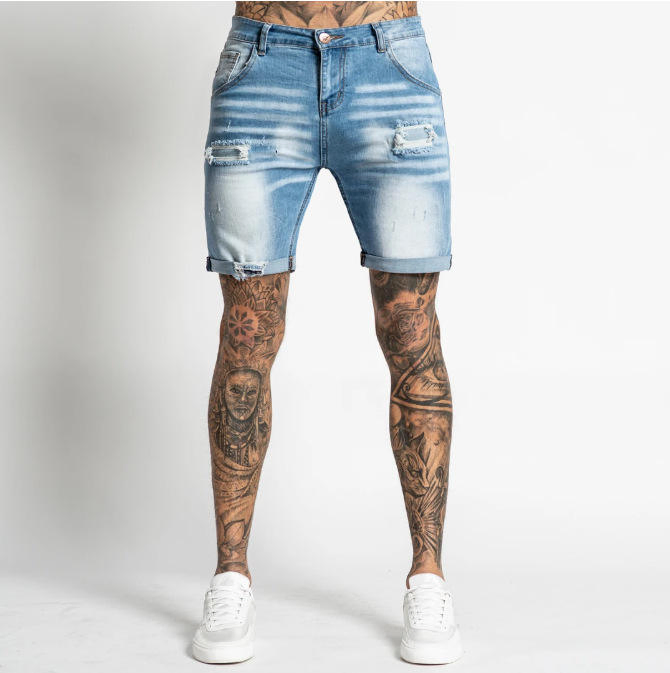 Custom Cotton Summer Skinny Damage Stretch Waistband Hole Straight-Leg Men Denim Shorts