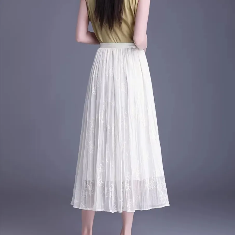 Casual Summer Print Embroidery Pleated Skirt A Line White Women's Half Length Skirt MIDI Skirt