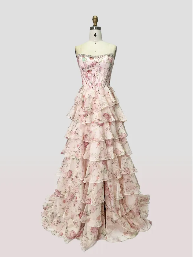 Yellow - Strapless A Line Floral Chiffon Ruffled Prom Dresses with Beading Evening Dress Prom Dress Sexy Dress Vestido De Noche Girl Dress Layered Dress