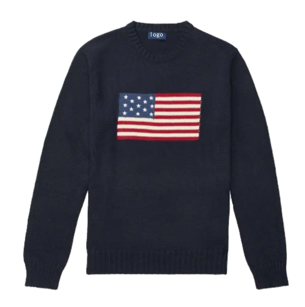 High Quality Custom LOGO America Flag Printing Embroidery Jacquard Pullover Knit Cotton Knitted Jumper Knitwear Men's Sweater