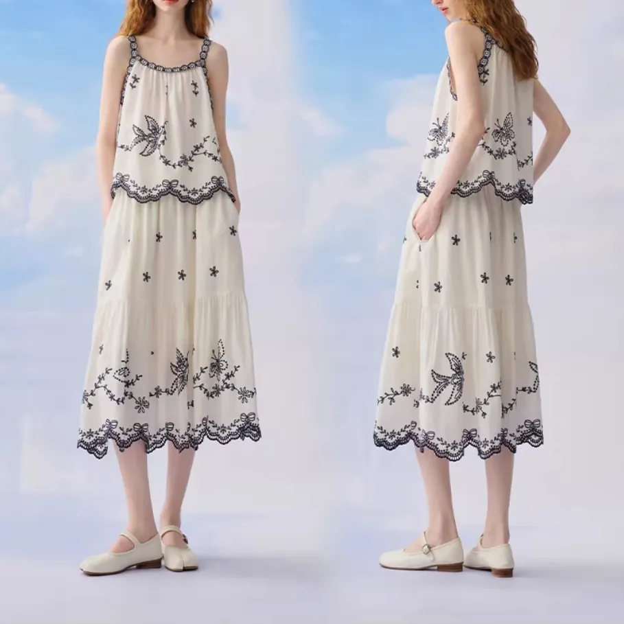 Casual Summer Print Embroidery Pleated Skirt A Line Black Women's Half Length Skirt MIDI Skirt