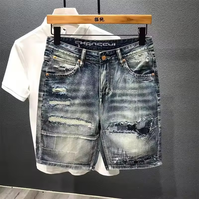 Colorful Denim Shorts with Distressed Style and Button Pockets