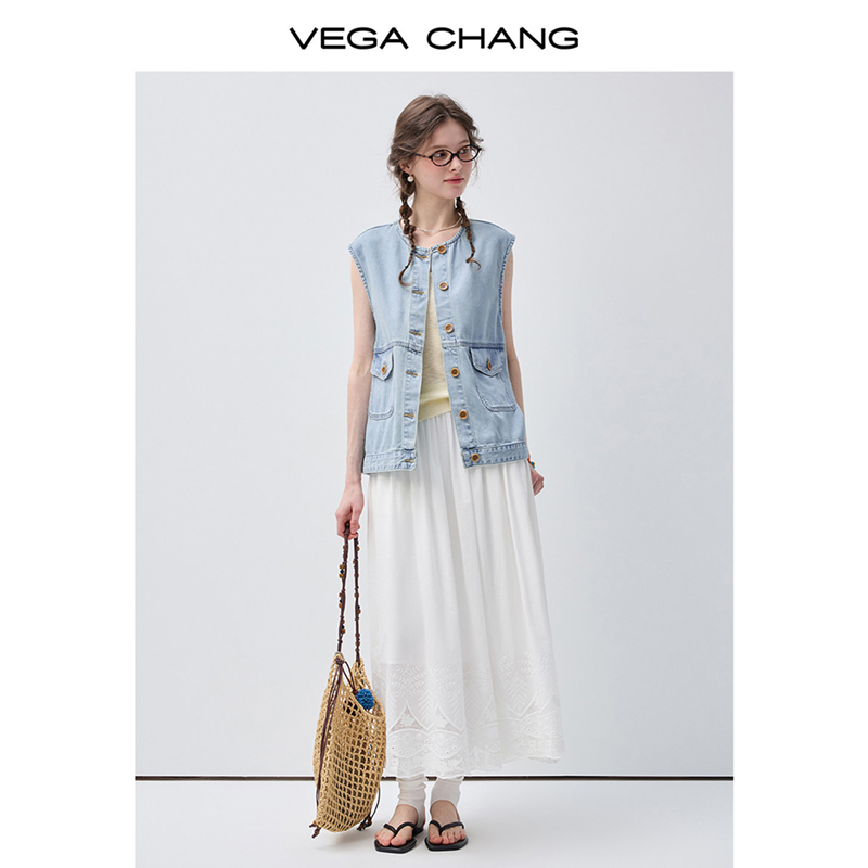 VEGA CHANG Light Blue Denim Vest Waistcoat For Women Button Down Pocket Detail Casual Sleeveless Jean Jacket