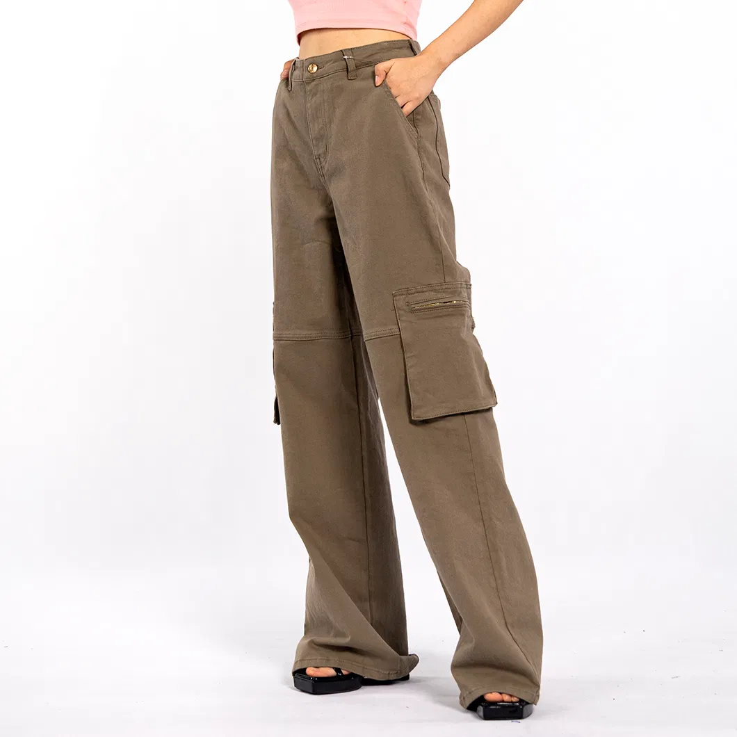 Custom Vintage Aged Large Pockets Loose Long Straight Cargo Pants Women