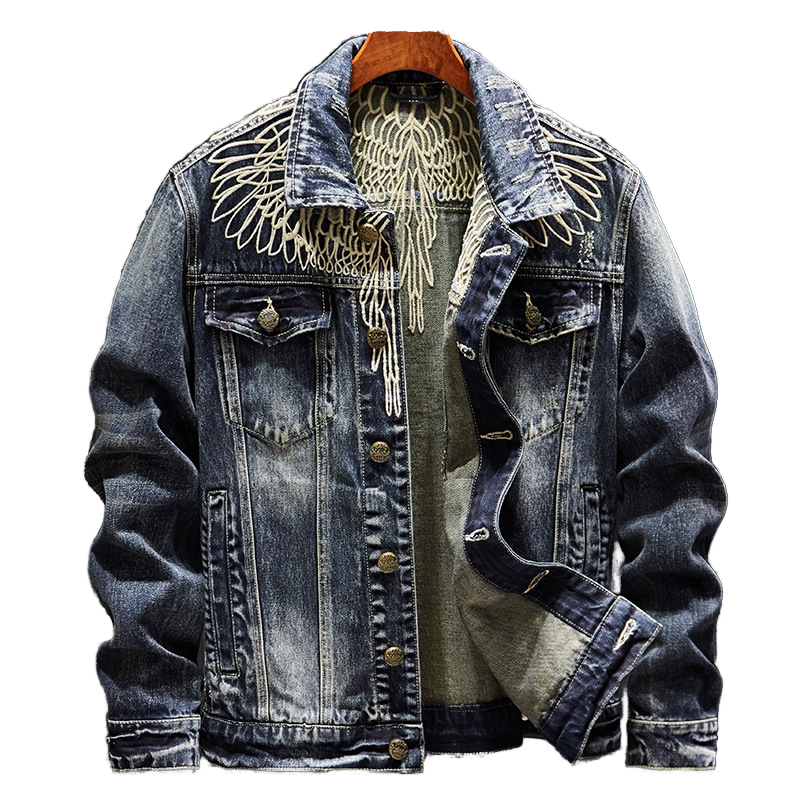 Men's Distressed Denim Jacket With Embroidery Wings Design Casual Button Fly Regular Fit Autumn Wear