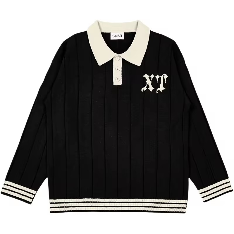 Custom LOGO Men Sweater Winter Casual Jacquard Letter Knitwear Loose Pullover Rib Jumper Knit Polo Shirt Knitted Sweater for Men