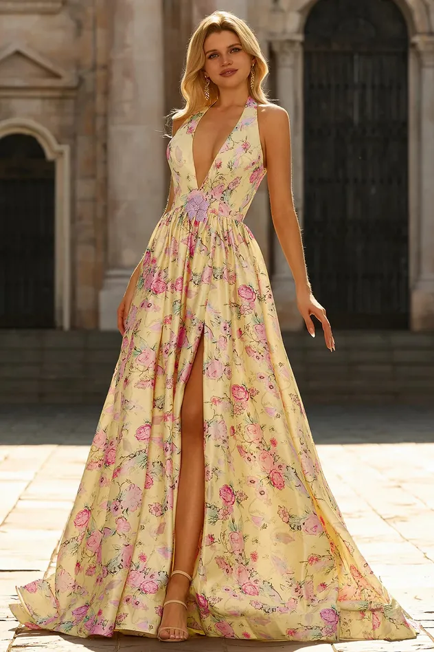Cicinia Yellow Prom Dresses Long Printed Fabric A-Line Deep V-Neck Halter Backless Evening Dress Prom Dress Sexy Dress Vestido De Noche Girl Dress