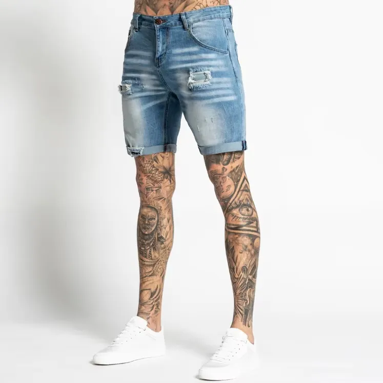 Custom Cotton Summer Skinny Damage Stretch Waistband Hole Straight-Leg Men Denim Shorts