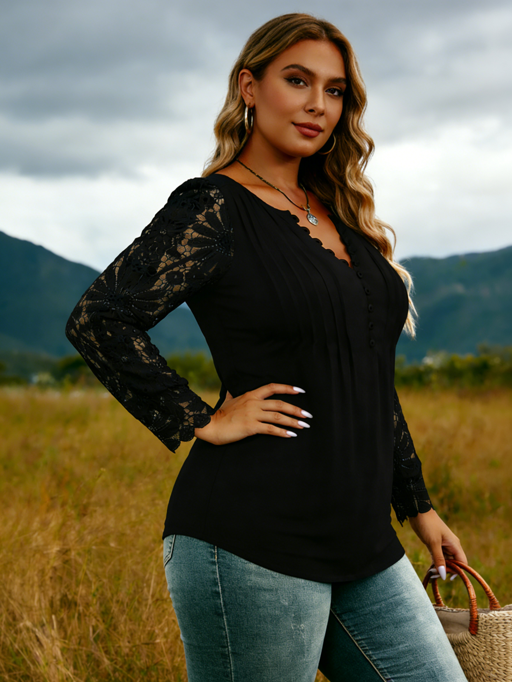 Plus Size Women's Spring/Autumn Casual Button Lace Long-Sleeve Loose-Fit Blouse