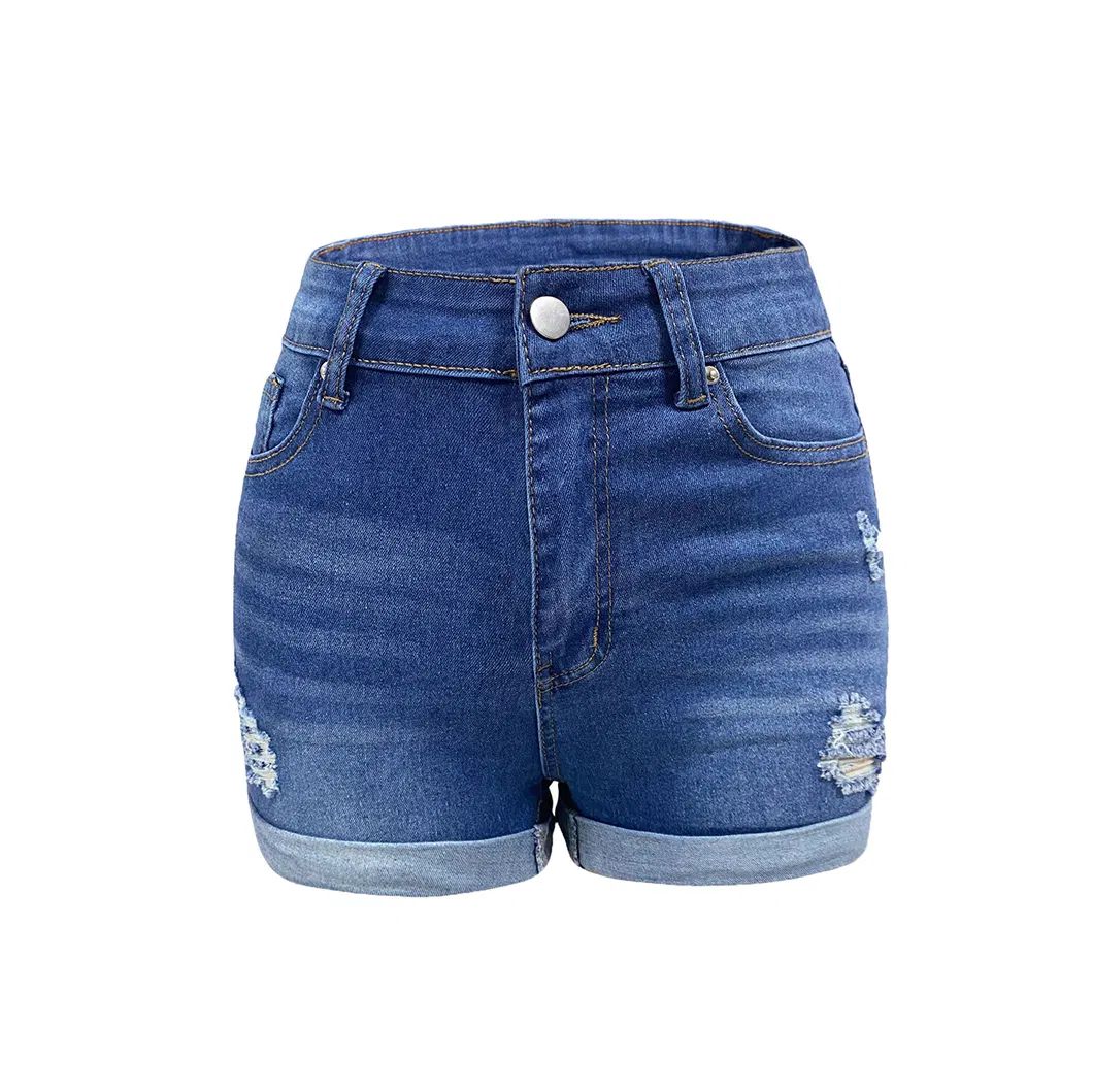 Holey Straight-Leg Casual Denim Shorts for The 2025 Summer Collection, with High Waist and Stretchiness