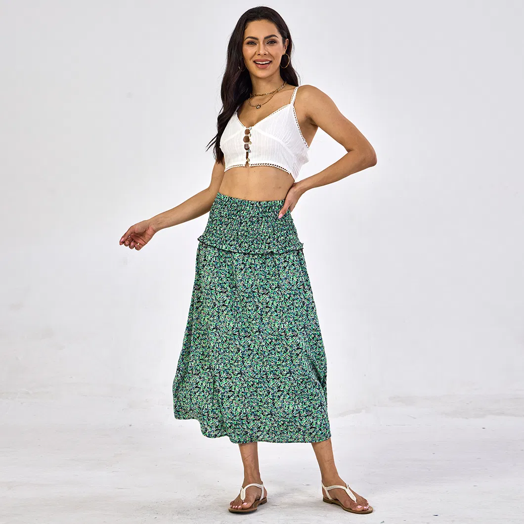 Wholesale European Style Pleated High Waist Casual Fashion Pattern Printing Women Long Skirt