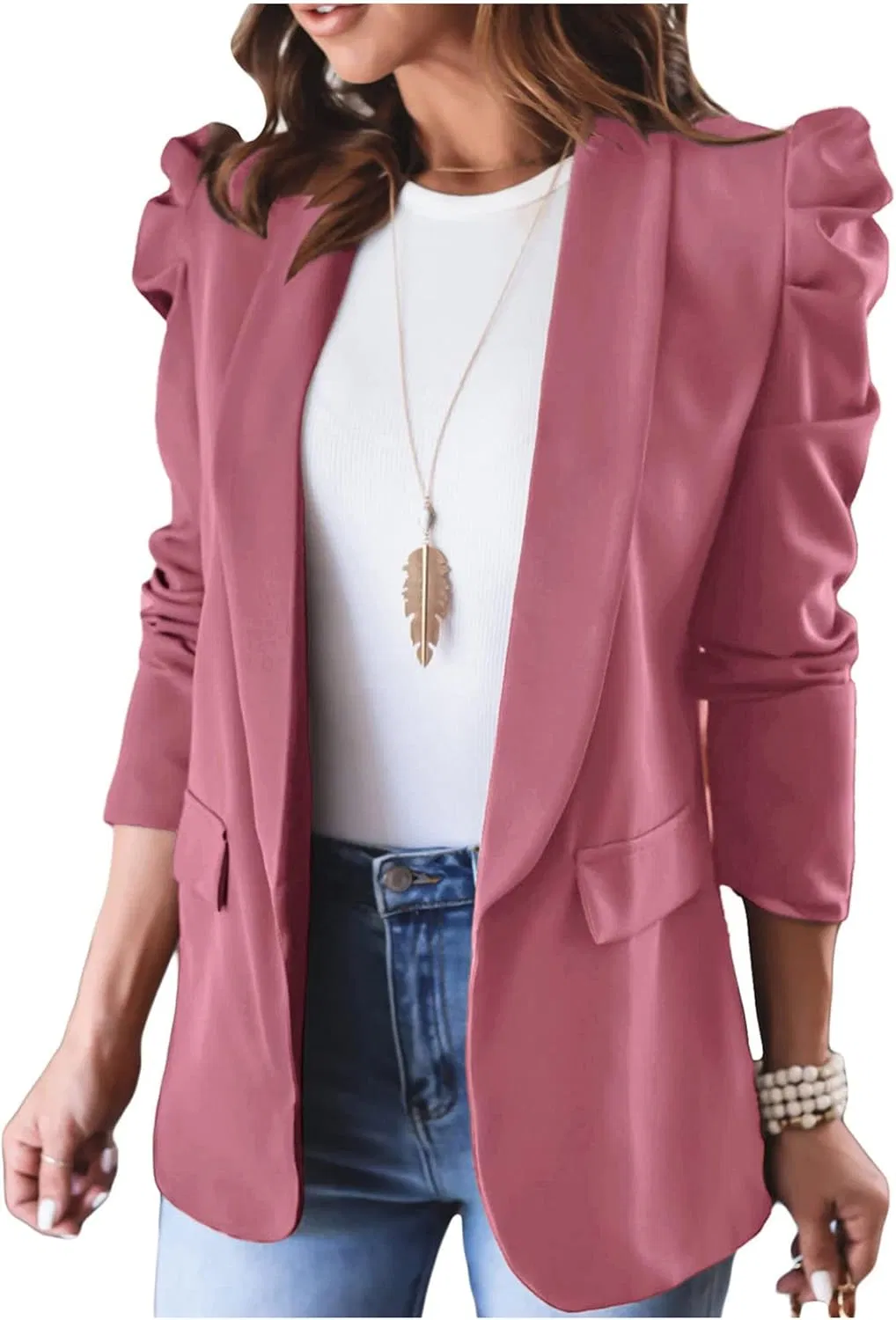 Women's Puff Sleeve Blazer Spring Fall Business Casual Open Front