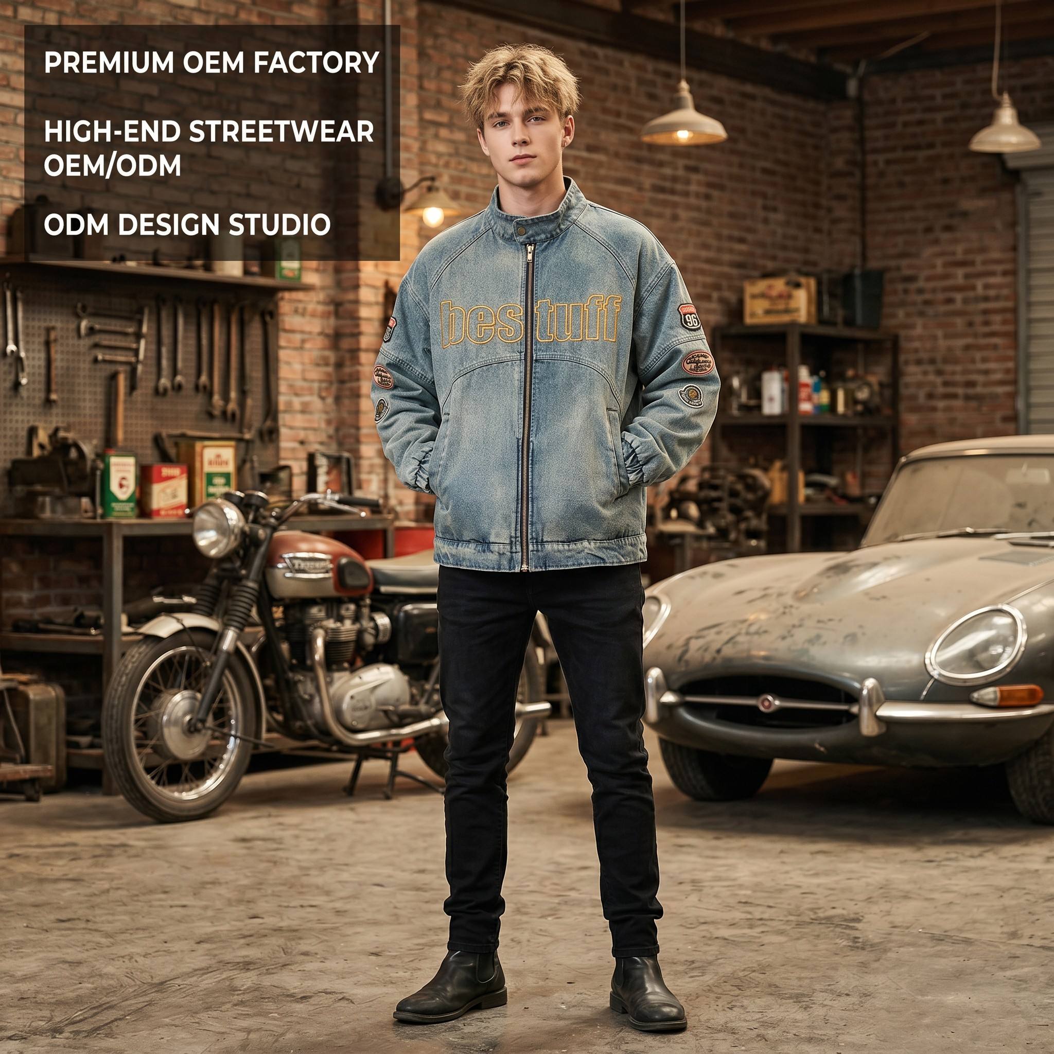 Custom OEM Heavyweight American Vintage Patchwork Denim Jacket for Men Luxury Washed Blue Hypebeast Streetwear Coat