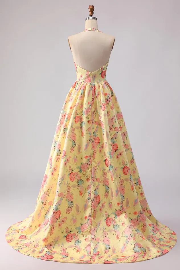 Cicinia Yellow Prom Dresses Long Printed Fabric A-Line Deep V-Neck Halter Backless Evening Dress Prom Dress Sexy Dress Vestido De Noche Girl Dress