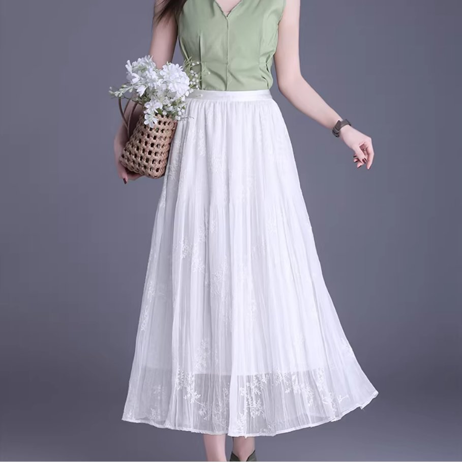 Casual Summer Print Embroidery Pleated Skirt A Line Black Women's Half Length Skirt MIDI Skirt