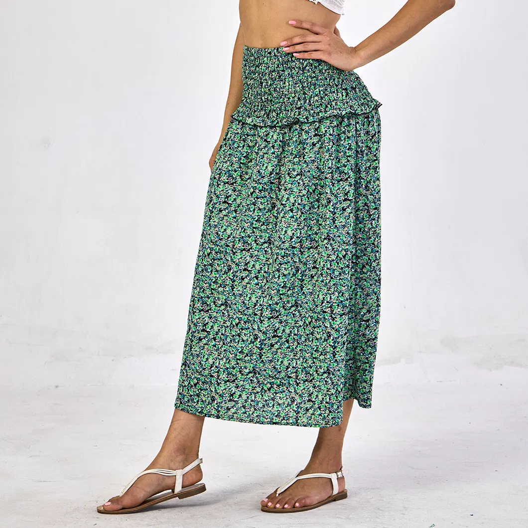 Wholesale European Style Pleated High Waist Casual Fashion Pattern Printing Women Long Skirt