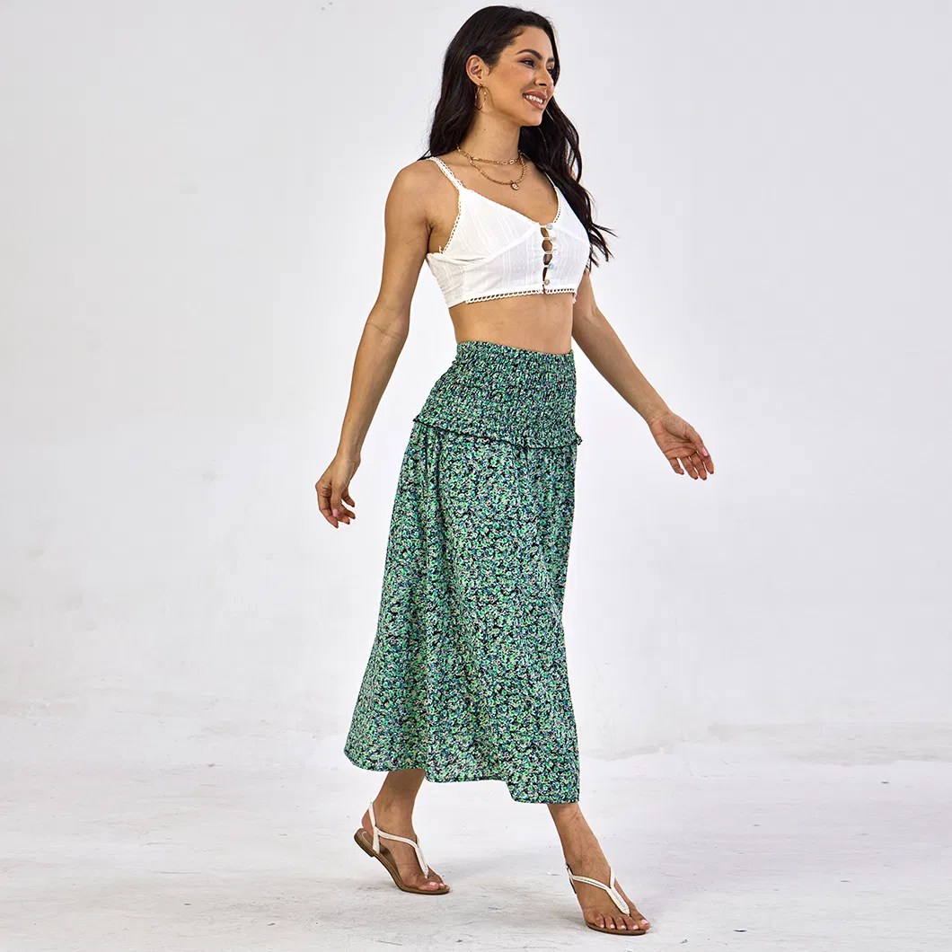 Wholesale European Style Pleated High Waist Casual Fashion Pattern Printing Women Long Skirt