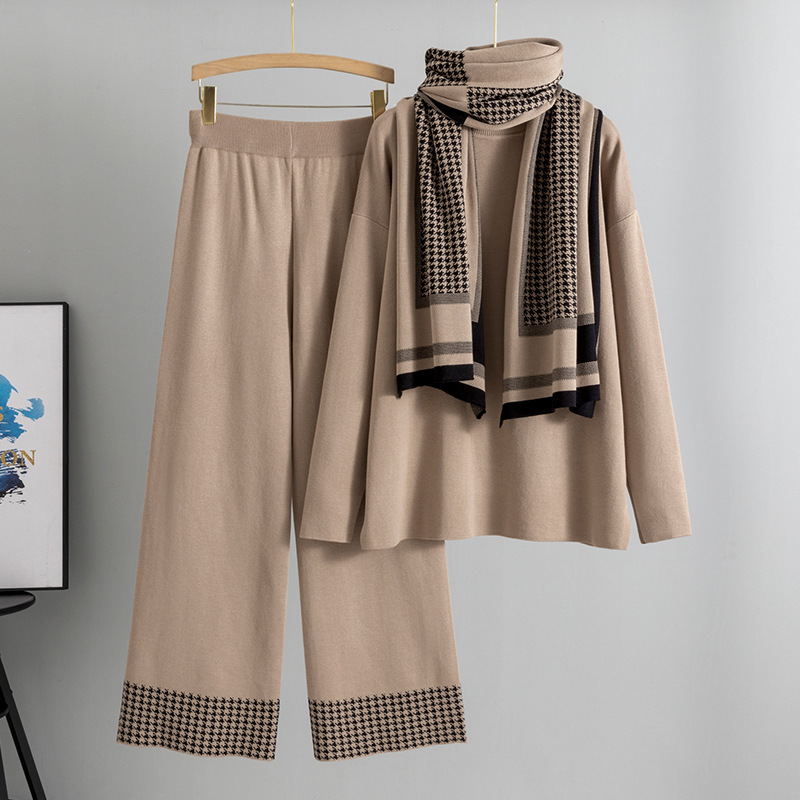 Fashion Elegant Anti-Wrinkle Houndstooth Viscose Patchwork Full-Length Suit Women's Autumn Winter Shawl Turtleneck Sweater Loose