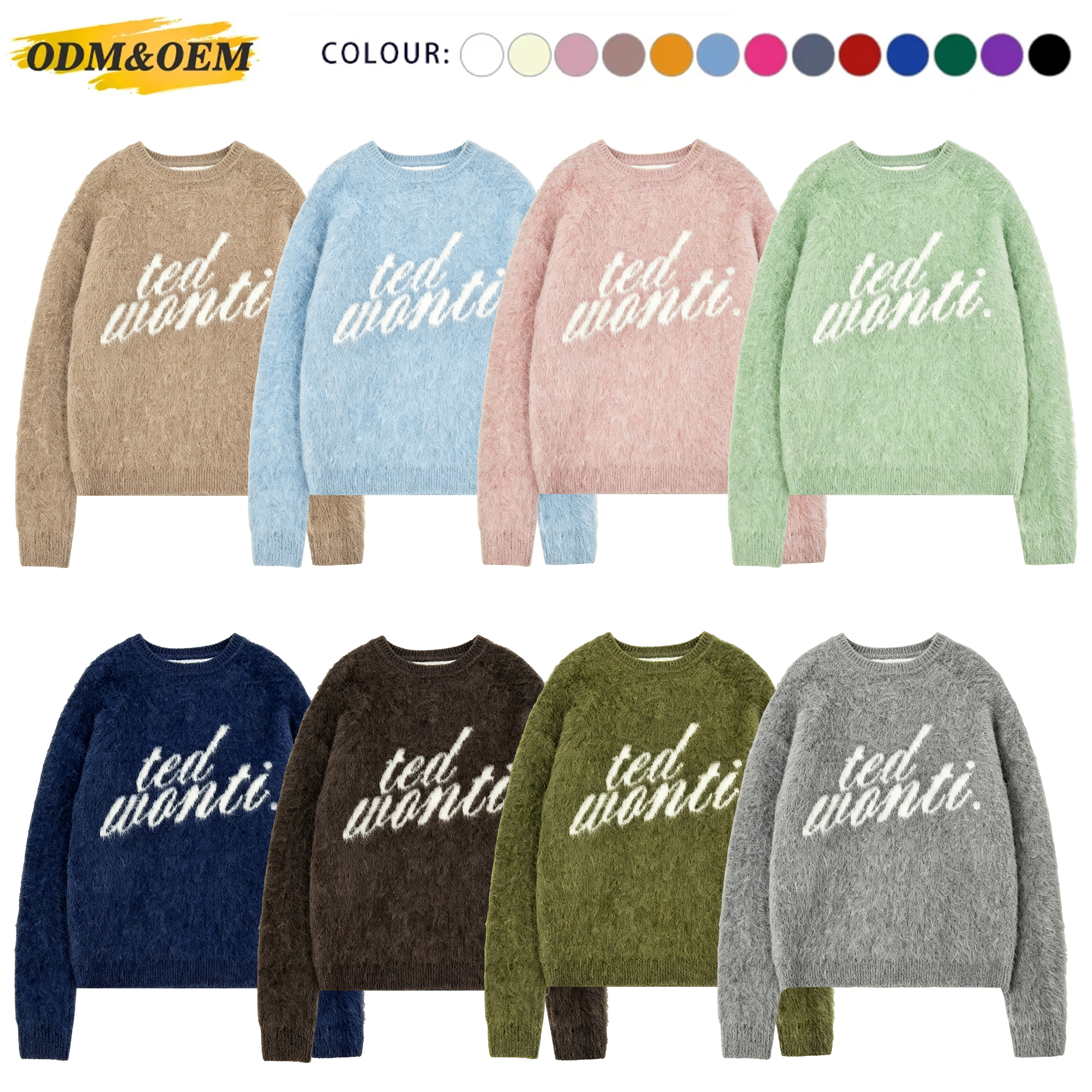 Custom Logo Fuzzy Knitwear Sweater Fashion Mohair Letter Jacquard Mohair Pullover Men Streetwear Knit Sweater for Men