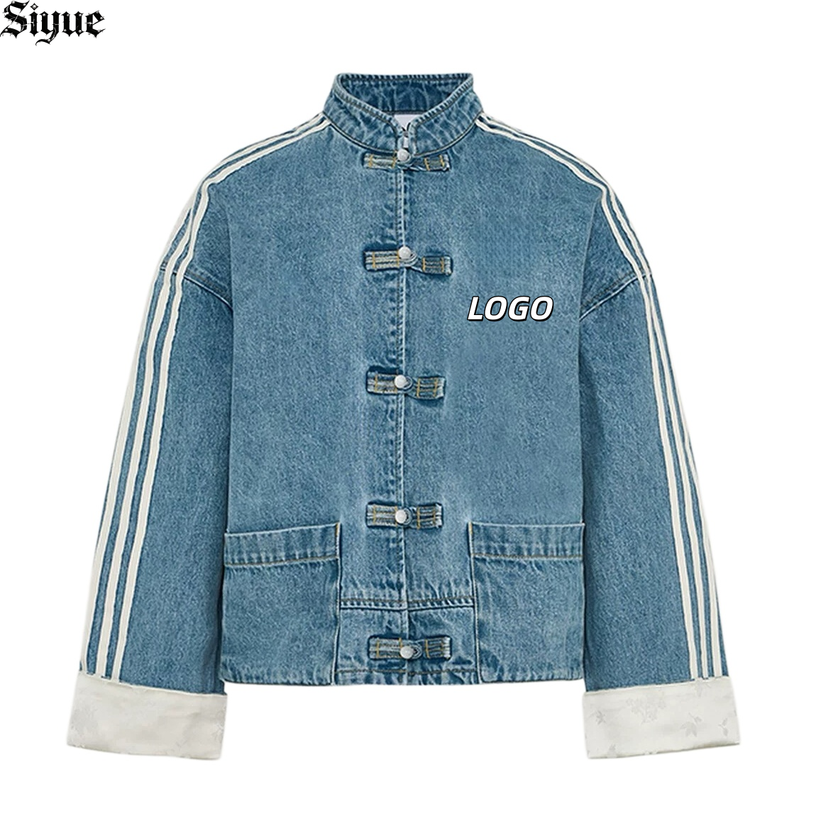 2026 Custom Logo Men's Denim Jacket Chinese Traditional Frog Button Stand Collar Oversized Streetwear Striped Sleeve Jean Outfit