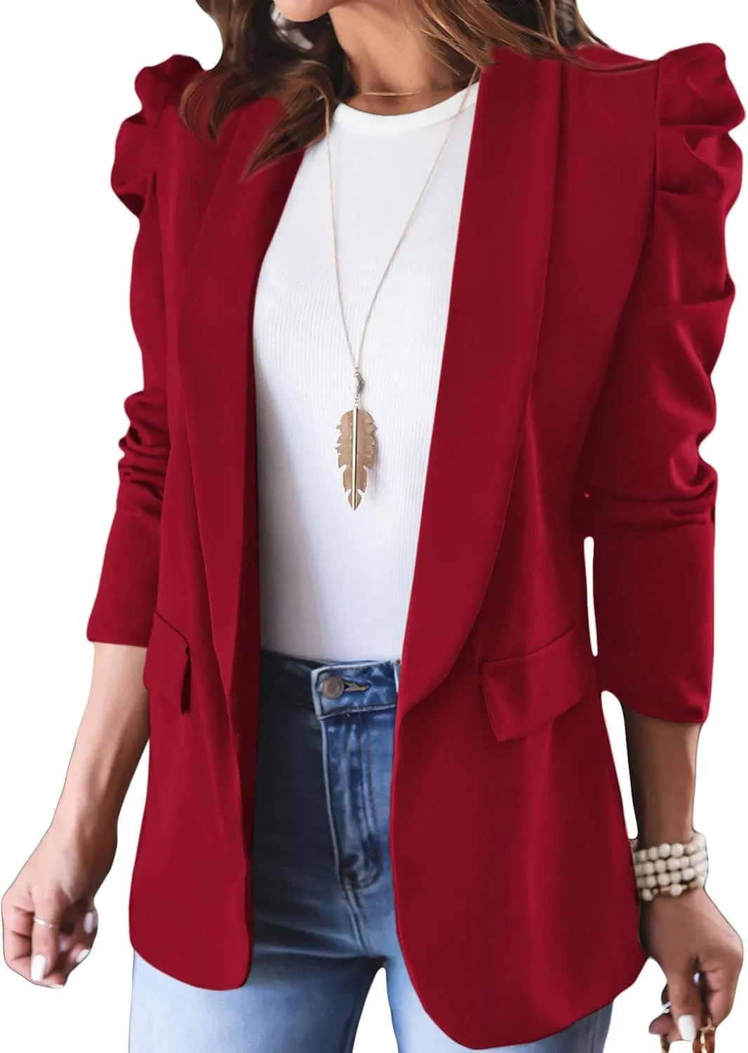 Women's Puff Sleeve Blazer Spring Fall Business Casual Open Front