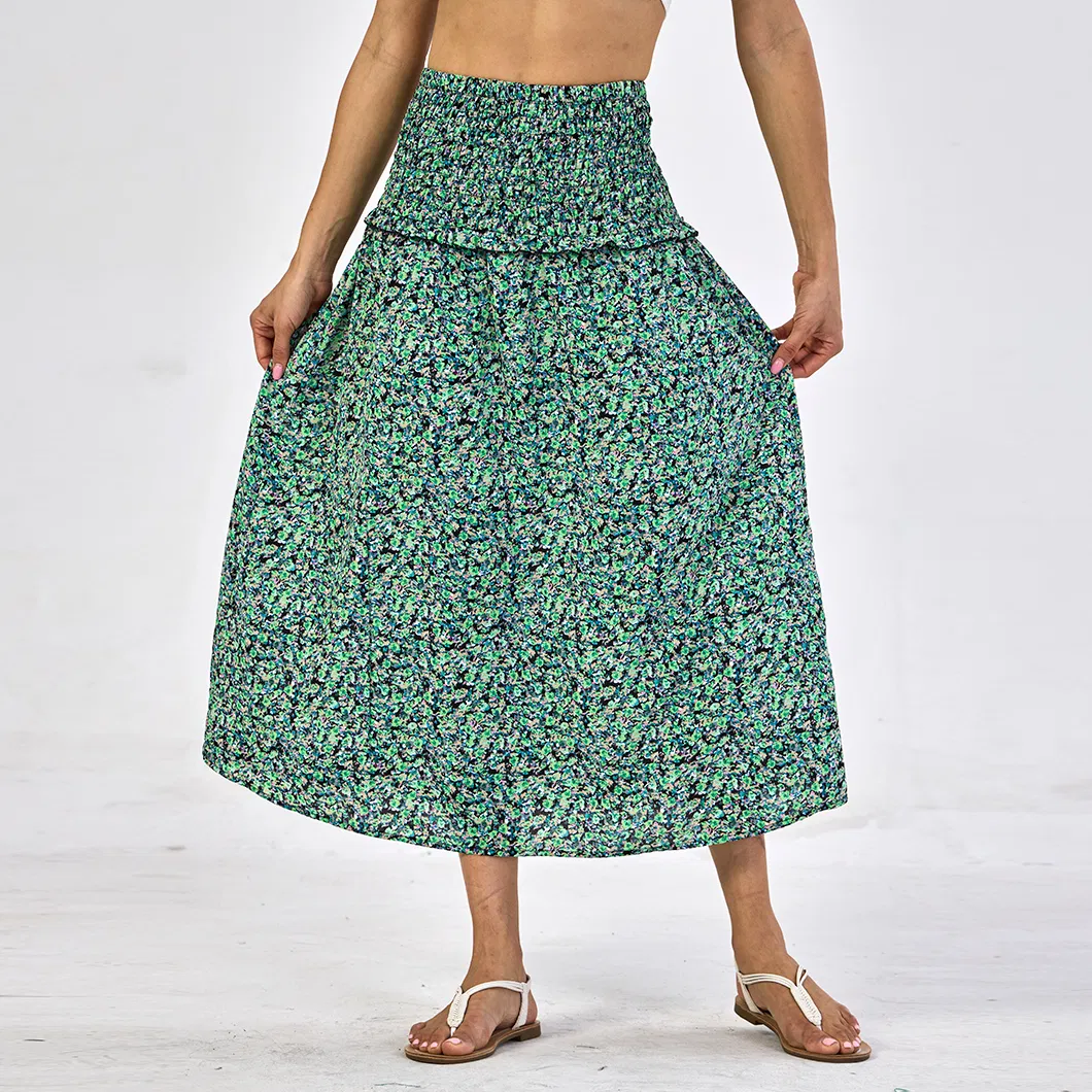 Wholesale European Style Pleated High Waist Casual Fashion Pattern Printing Women Long Skirt